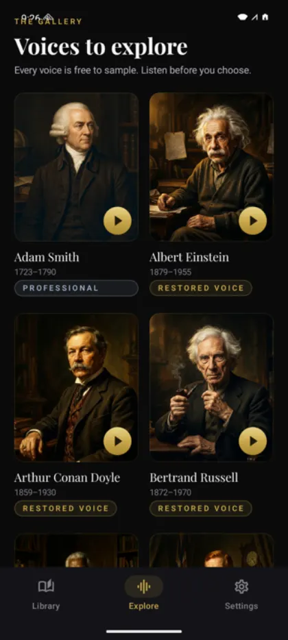The Gallery screen in the Android app: oil-painted portraits of Adam Smith, Albert Einstein, Arthur Conan Doyle and Bertrand Russell, each with a gold play button and a Restored Voice or Professional label