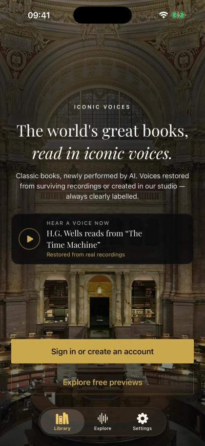 The Library welcome screen in the iOS app: the grand reading hall from the background video, a free H. G. Wells voice preview, and a gold Sign in or create an account button
