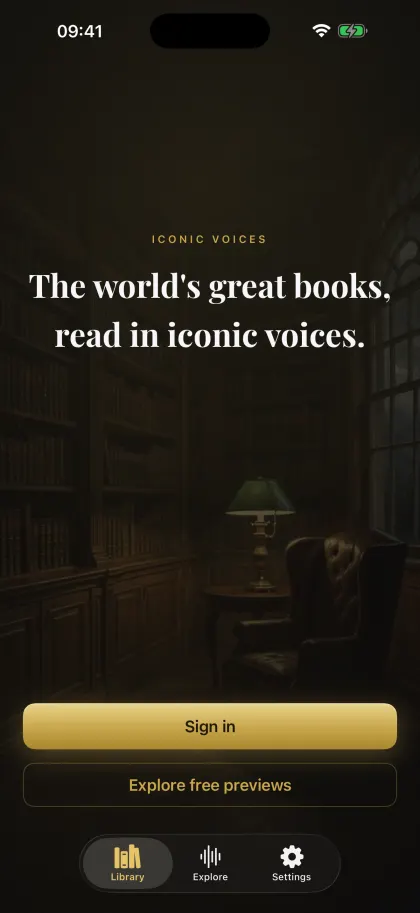 The Library screen in the iOS app: a candle-lit private library with the line 'The world's great books, read in iconic voices' and a gold Sign in button