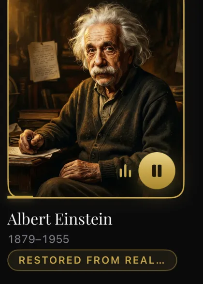 Detail from the iOS app: Albert Einstein's portrait card mid-playback, with a gold pause button, equaliser bars, and a provenance label